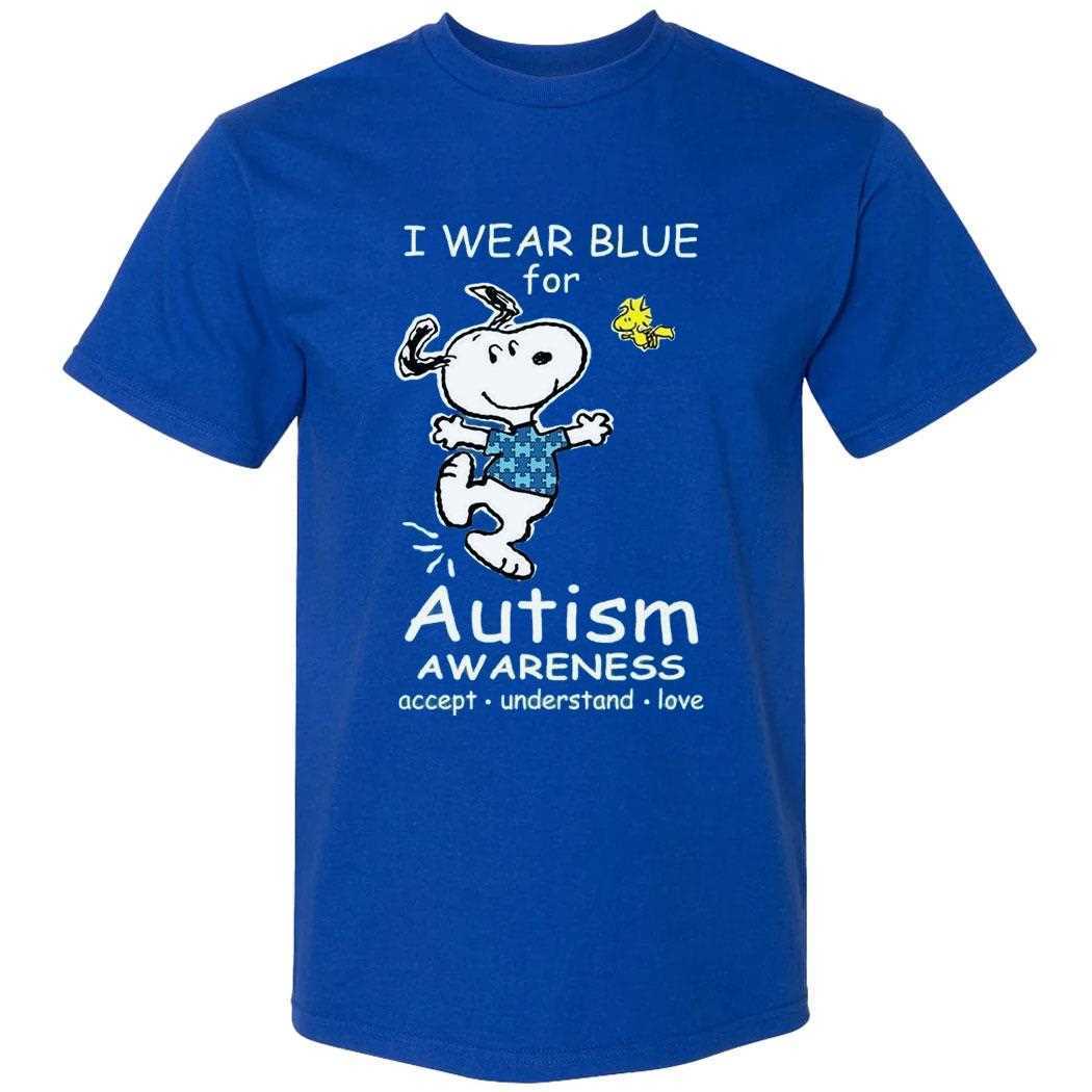 I Wear Blue For Autism Awareness Charlie And Snoopy Shirt