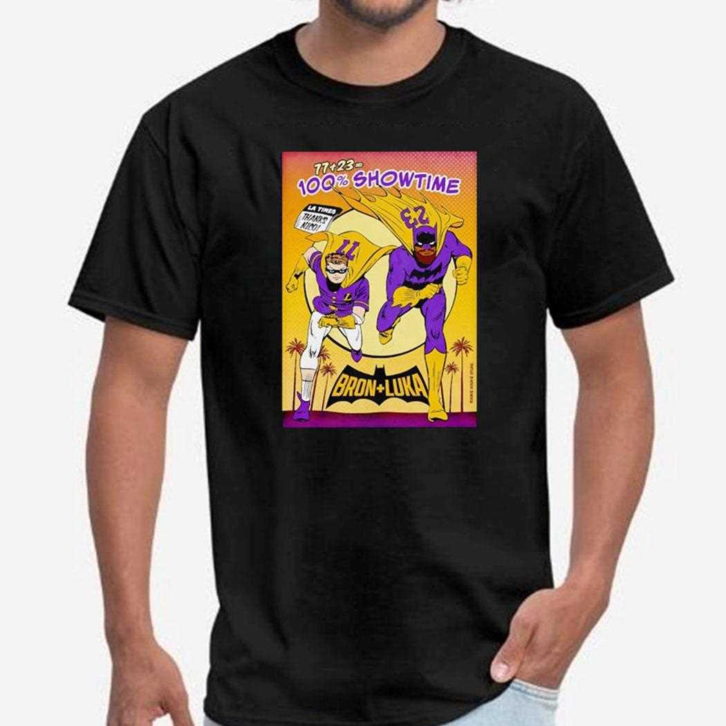Luka Doncic Lakers Lebron James 77 23 100 Showtime Batman Comic Shirt