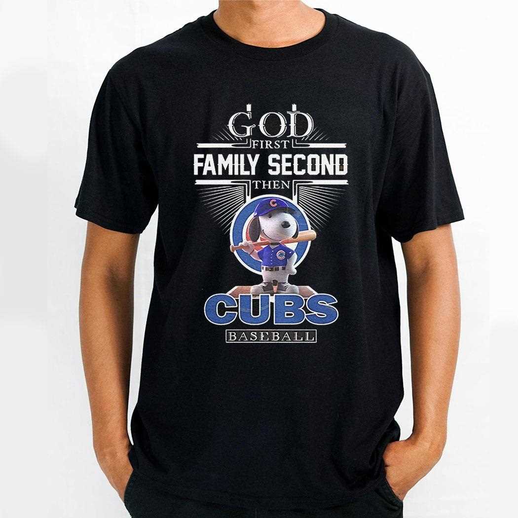 Snoopy God First Family Second Then Chicago Cubs Baseball Shirt