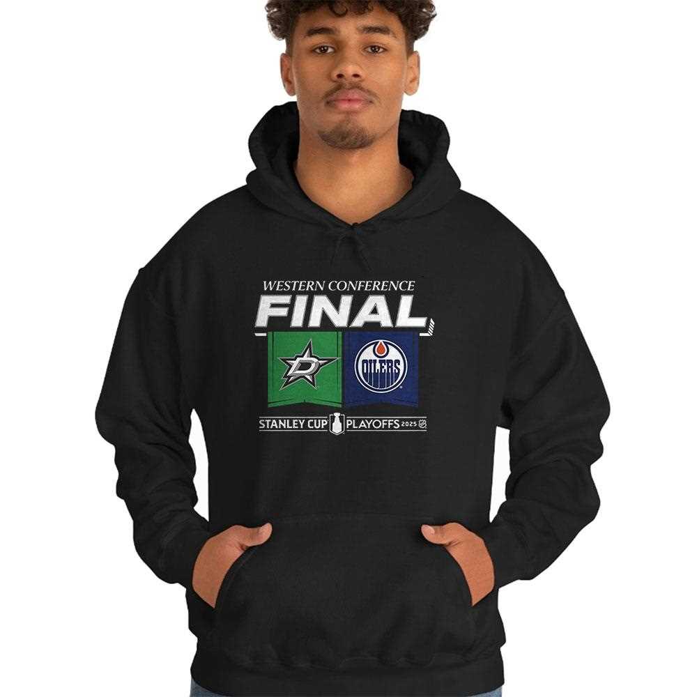 Dallas Stars Vs Edmonton Oilers 2025 Western Conference Finals Matchup Center Ice Shirt Dallas Stars Vs Edmonton Oilers 2025 Western Conference Finals Matchup Center Ice Shirt