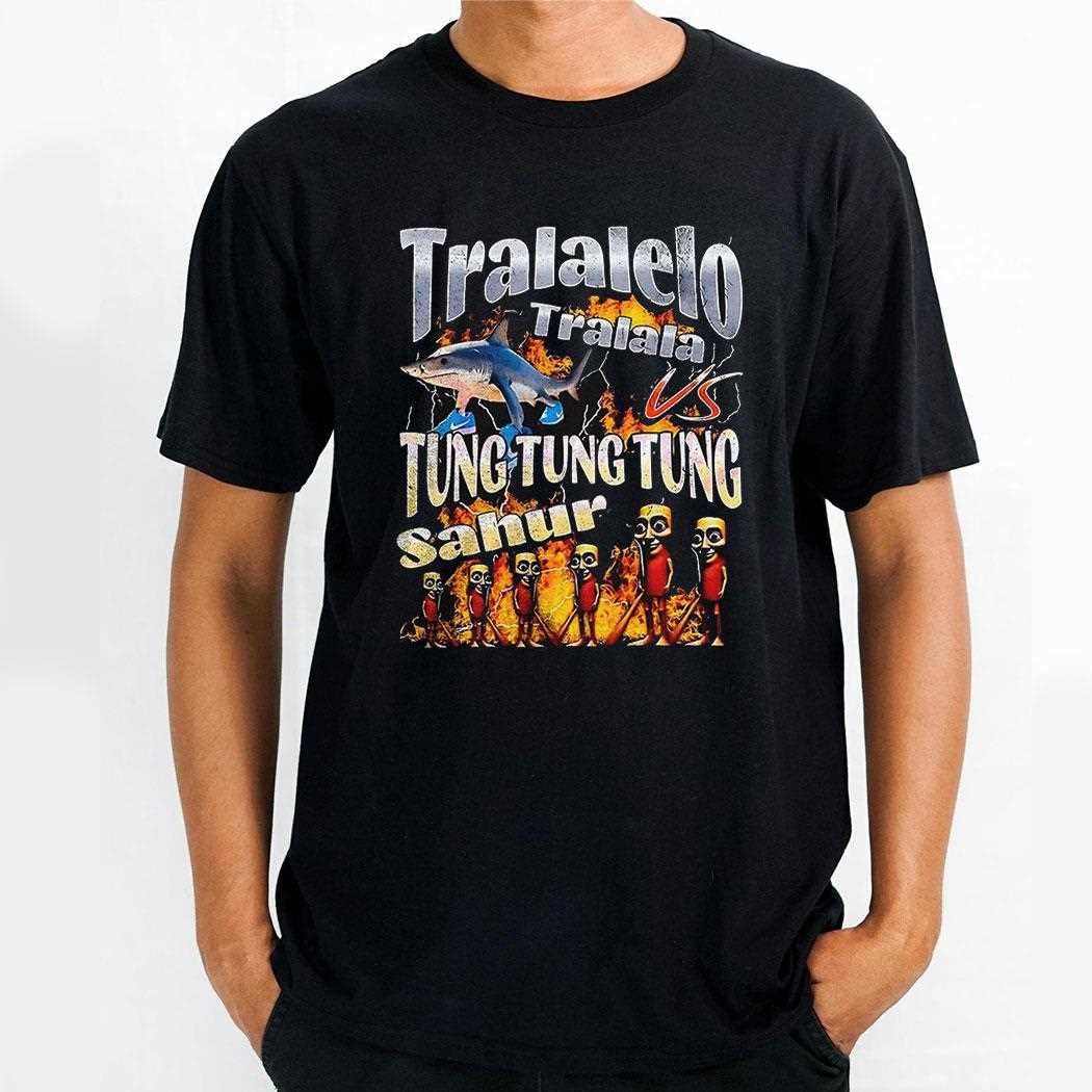 Tralalero Tralala Vs Tung Tung Tung Sahur Brainrot Character Battle Shirt Tralalero Tralala Vs Tung Tung Tung Sahur Brainrot Character Battle Shirt