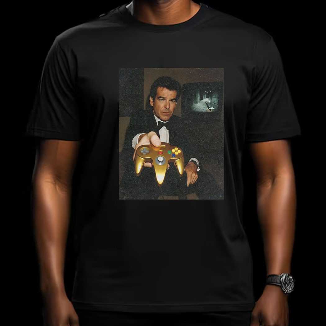 Pierce Brosnan As James Bond With Golden N64 Controller T-shirt