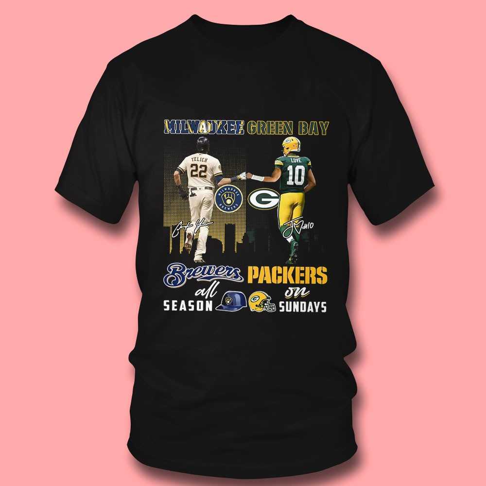 Milwaukee Green Bay Sports Yelich Brewers All Season Love Packers On Sundays Skyline Shirt