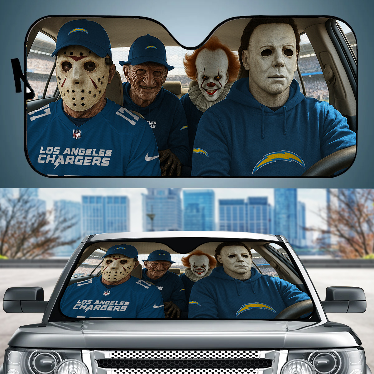 Los Angeles Chargers Jason Freddy Pennywise Michael Myers Car Auto Sunshade