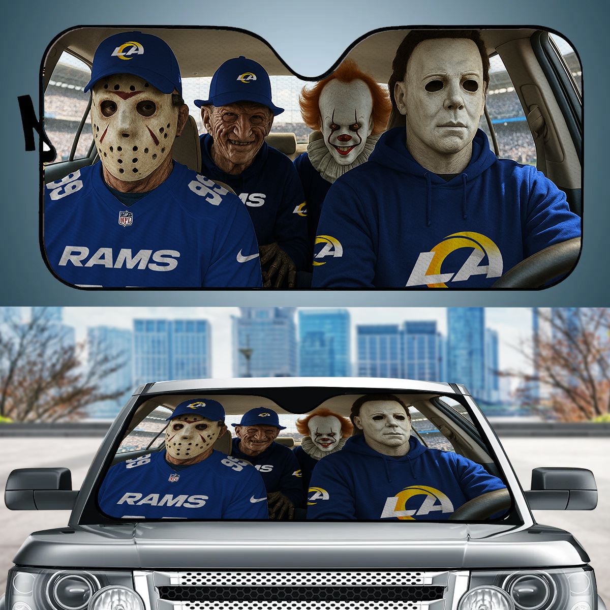 Los Angeles Rams Jason Freddy Pennywise Michael Myers Car Auto Sunshade