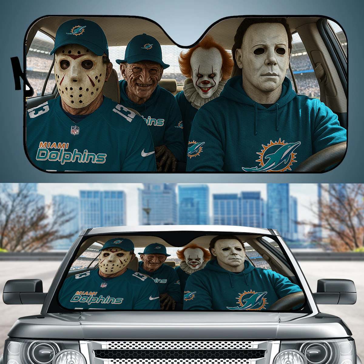 Miami Dolphins Jason Freddy Pennywise Michael Myers Car Auto Sunshade