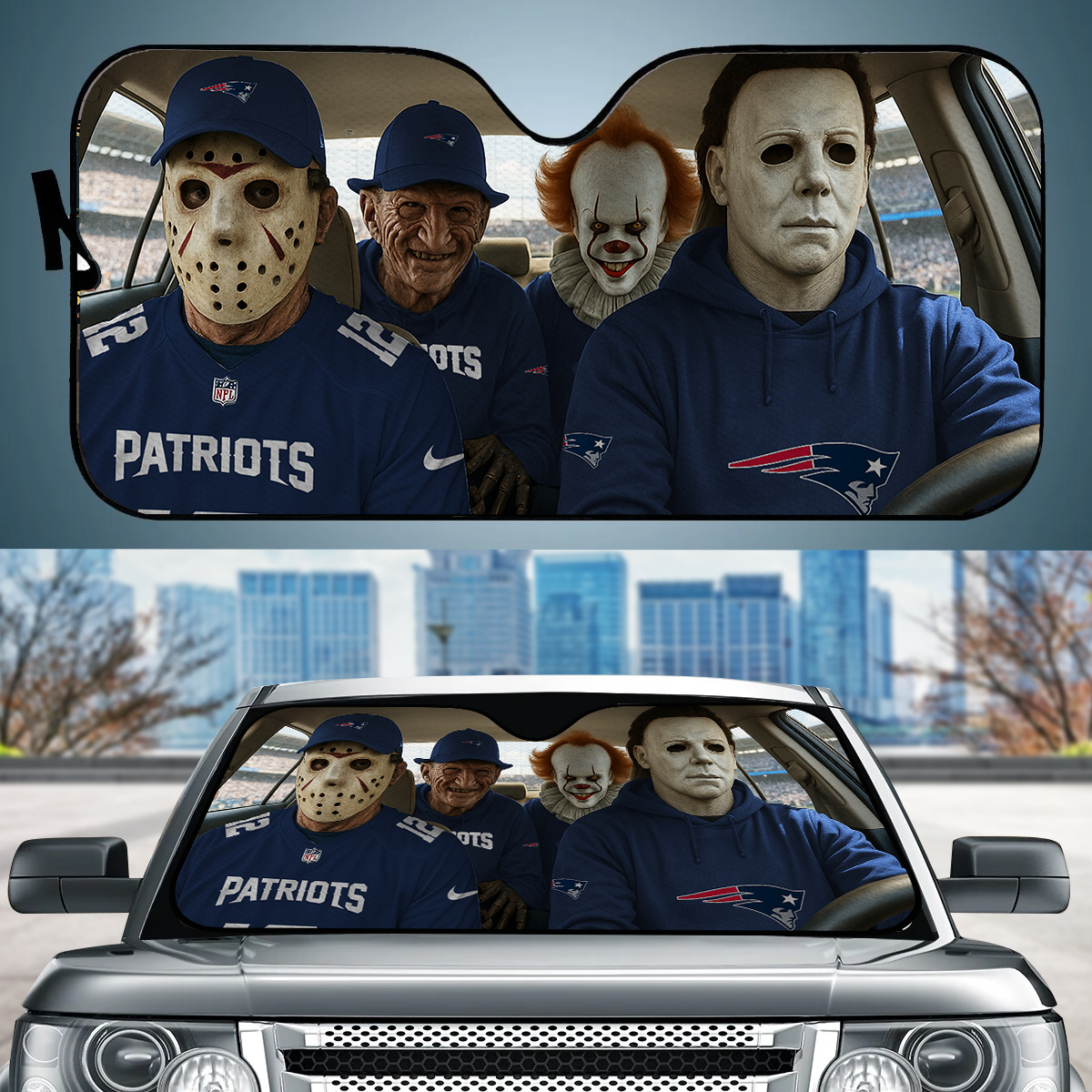 New England Patriots Jason Freddy Pennywise Michael Myers Car Auto Sunshade