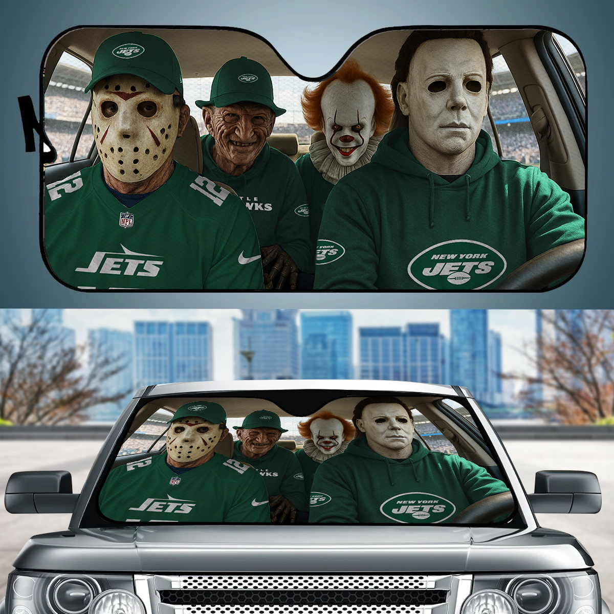 New York Jets Jason Freddy Pennywise Michael Myers Car Auto Sunshade
