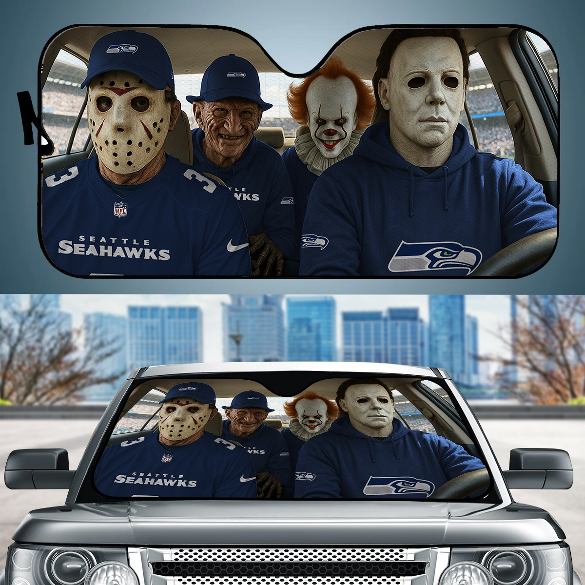 Seattle Seahawks Jason Freddy Pennywise Michael Myers Car Auto Sunshade