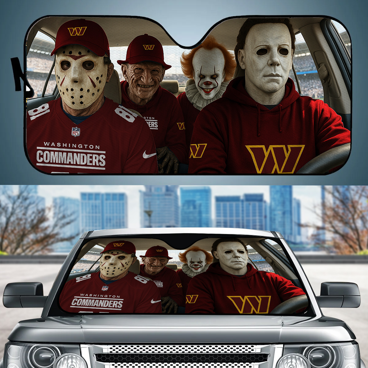 Washington Commanders Jason Freddy Pennywise Michael Myers Car Auto Sunshade Washington Commanders Jason Freddy Pennywise Michael Myers Car Auto Sunshade