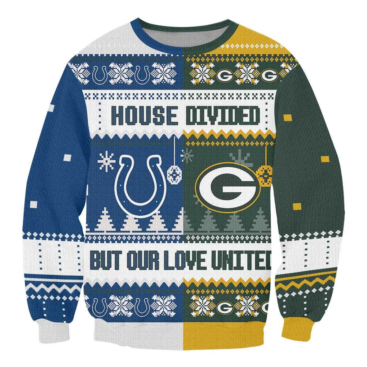 Indianapolis Colts Green Bay Packers House Divided But Our Love United Ugly Christmas Sweater