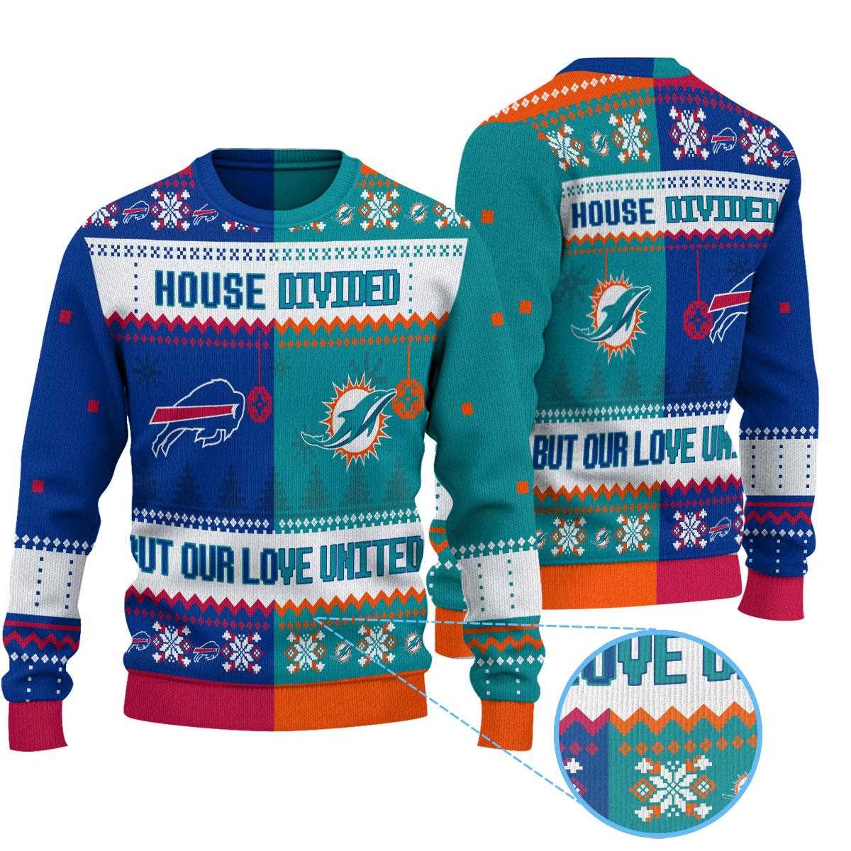 Buffalo Bills Miami Dolphins House Divided But Our Love United Ugly Christmas Sweater Buffalo Bills Miami Dolphins House Divided But Our Love United Ugly Christmas Sweater
