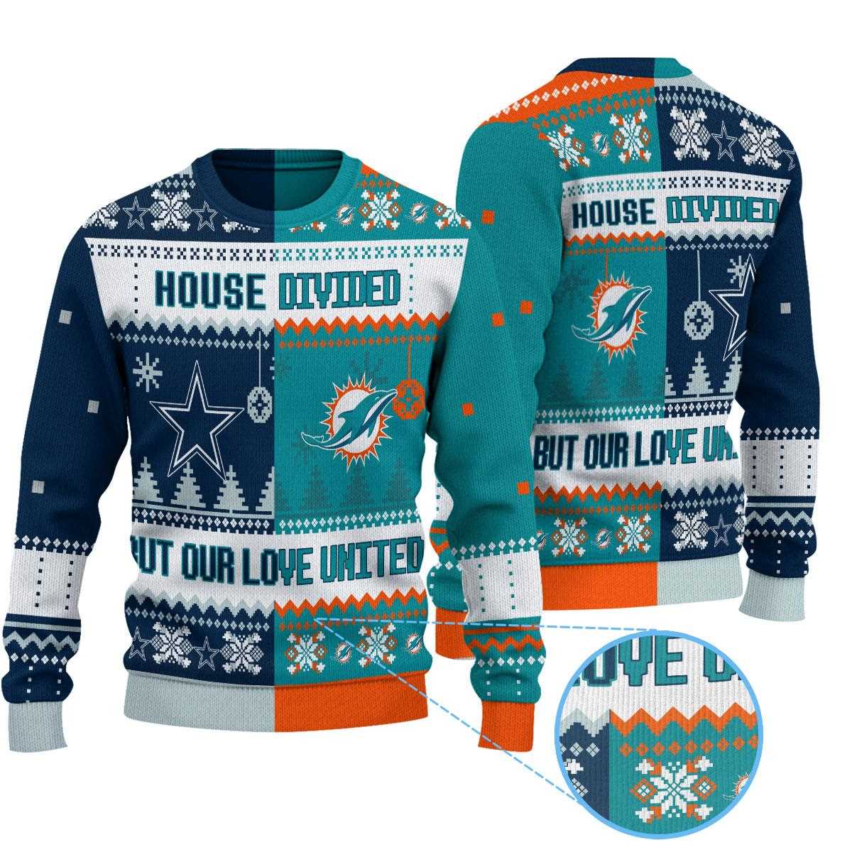 Dallas Cowboys Miami Dolphins House Divided But Our Love United Ugly Christmas Sweater Dallas Cowboys Miami Dolphins House Divided But Our Love United Ugly Christmas Sweater