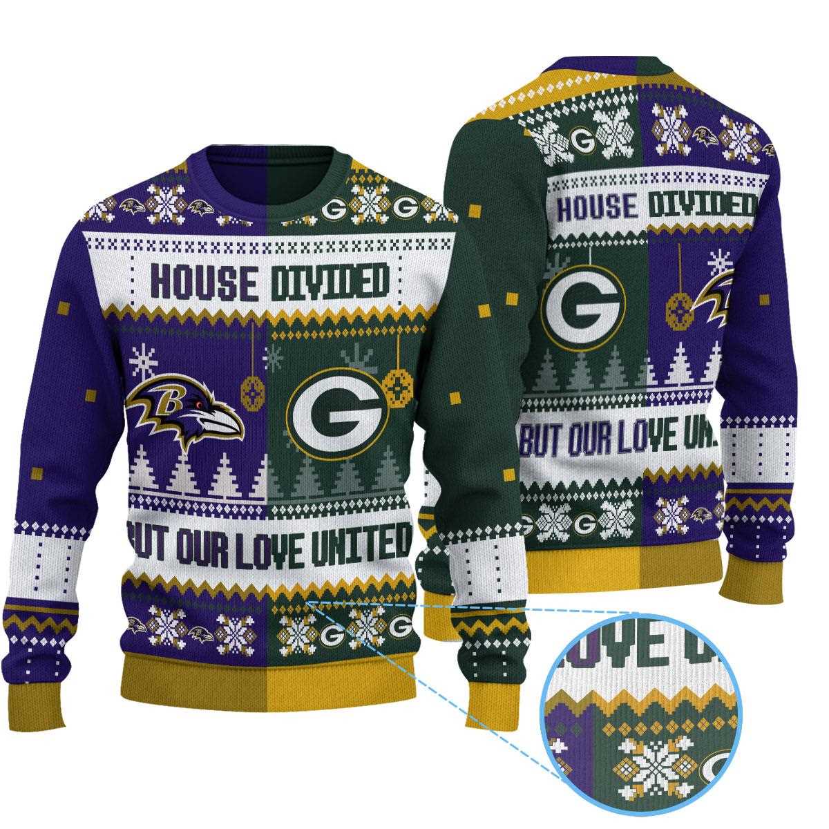 Green Bay Packers Baltimore Ravens House Divided But Our Love United Ugly Christmas Sweater Green Bay Packers Baltimore Ravens House Divided But Our Love United Ugly Christmas Sweater