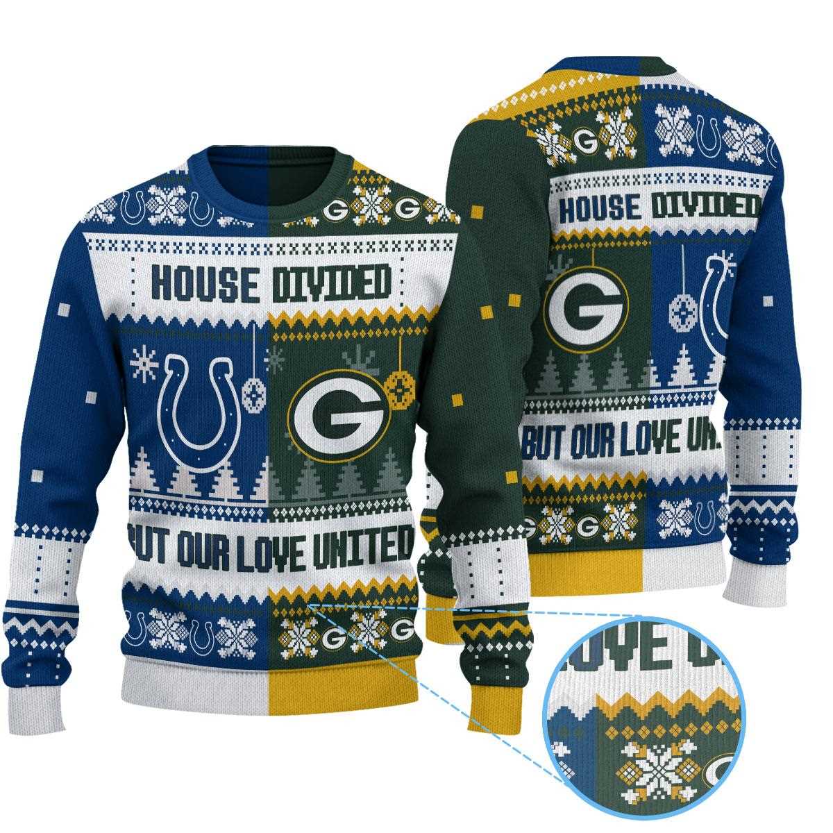 Indianapolis Colts Green Bay Packers House Divided But Our Love United Ugly Christmas Sweater Indianapolis Colts Green Bay Packers House Divided But Our Love United Ugly Christmas Sweater