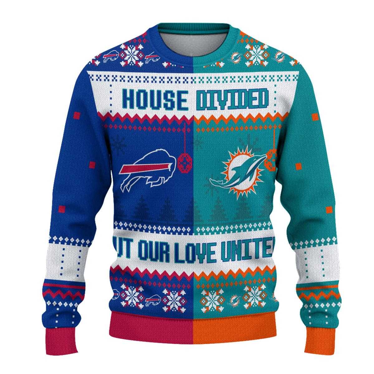 Buffalo Bills Miami Dolphins House Divided But Our Love United Ugly Christmas Sweater Buffalo Bills Miami Dolphins House Divided But Our Love United Ugly Christmas Sweater