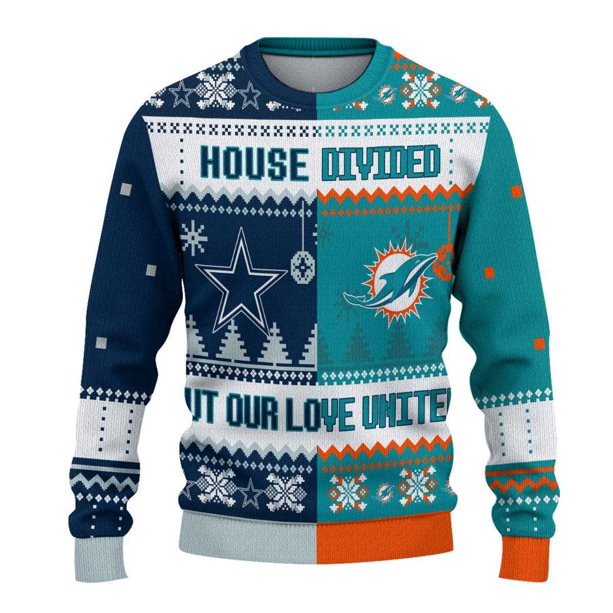 Dallas Cowboys Miami Dolphins House Divided But Our Love United Ugly Christmas Sweater Dallas Cowboys Miami Dolphins House Divided But Our Love United Ugly Christmas Sweater