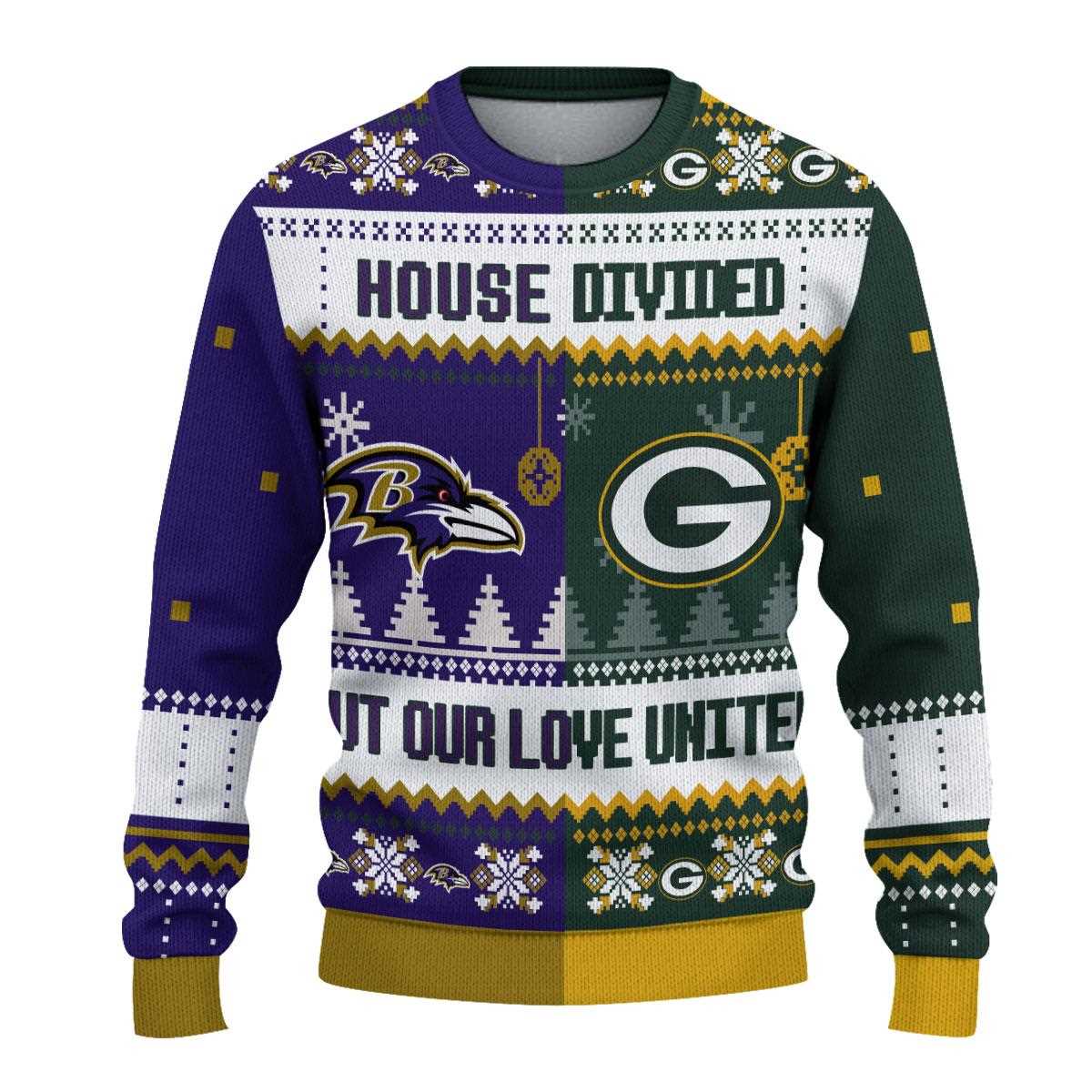 Green Bay Packers Baltimore Ravens House Divided But Our Love United Ugly Christmas Sweater Green Bay Packers Baltimore Ravens House Divided But Our Love United Ugly Christmas Sweater