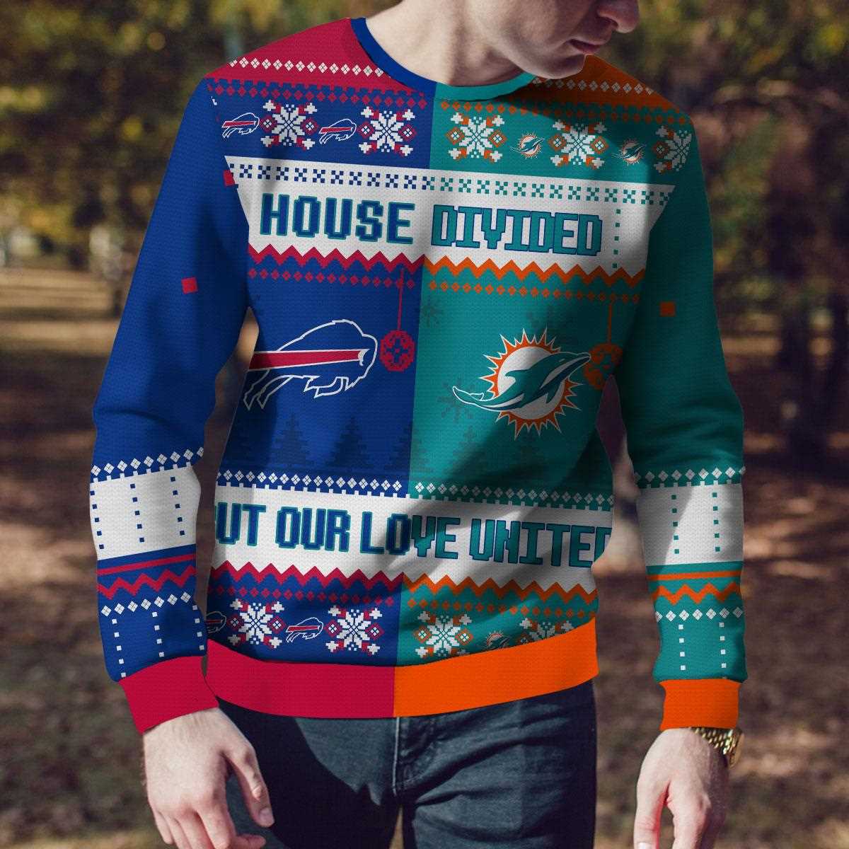 Buffalo Bills Miami Dolphins House Divided But Our Love United Ugly Christmas Sweater Buffalo Bills Miami Dolphins House Divided But Our Love United Ugly Christmas Sweater