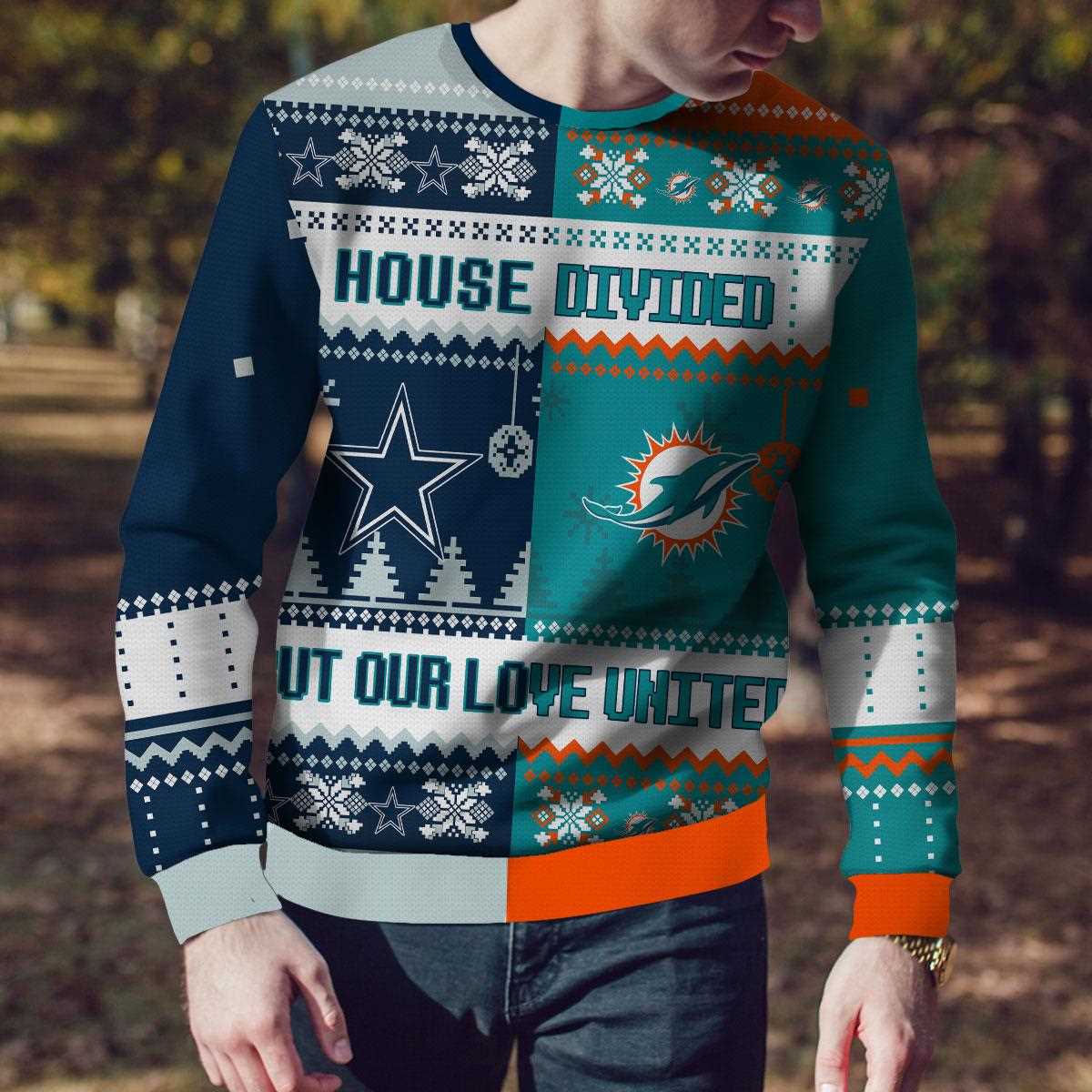 Dallas Cowboys Miami Dolphins House Divided But Our Love United Ugly Christmas Sweater Dallas Cowboys Miami Dolphins House Divided But Our Love United Ugly Christmas Sweater
