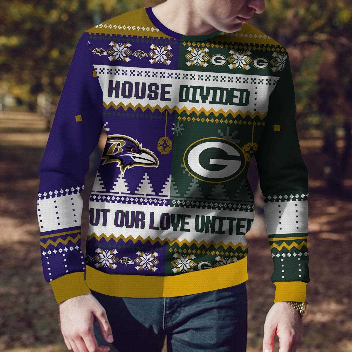 Green Bay Packers Baltimore Ravens House Divided But Our Love United Ugly Christmas Sweater Green Bay Packers Baltimore Ravens House Divided But Our Love United Ugly Christmas Sweater