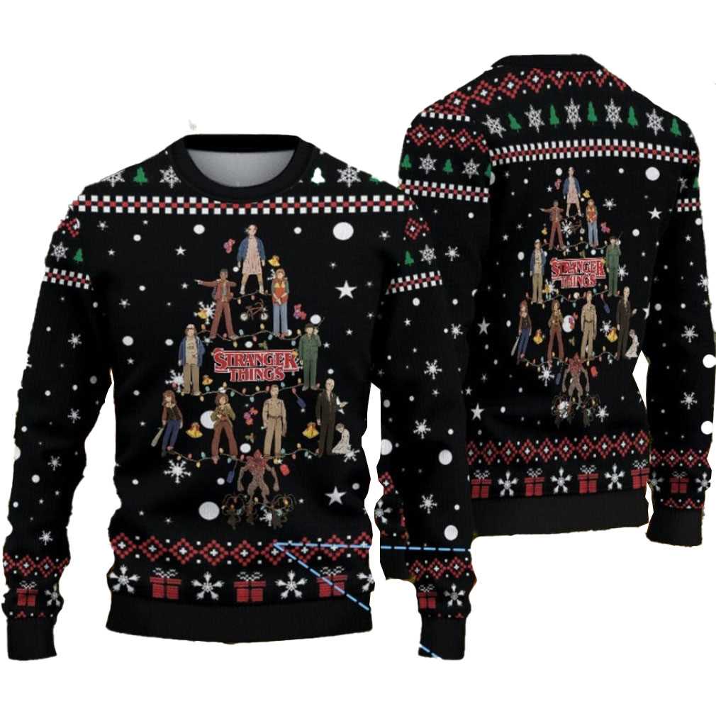Black Fair Isle Snowflake Stranger Things Cast Christmas Tree Ugly Christmas Sweater