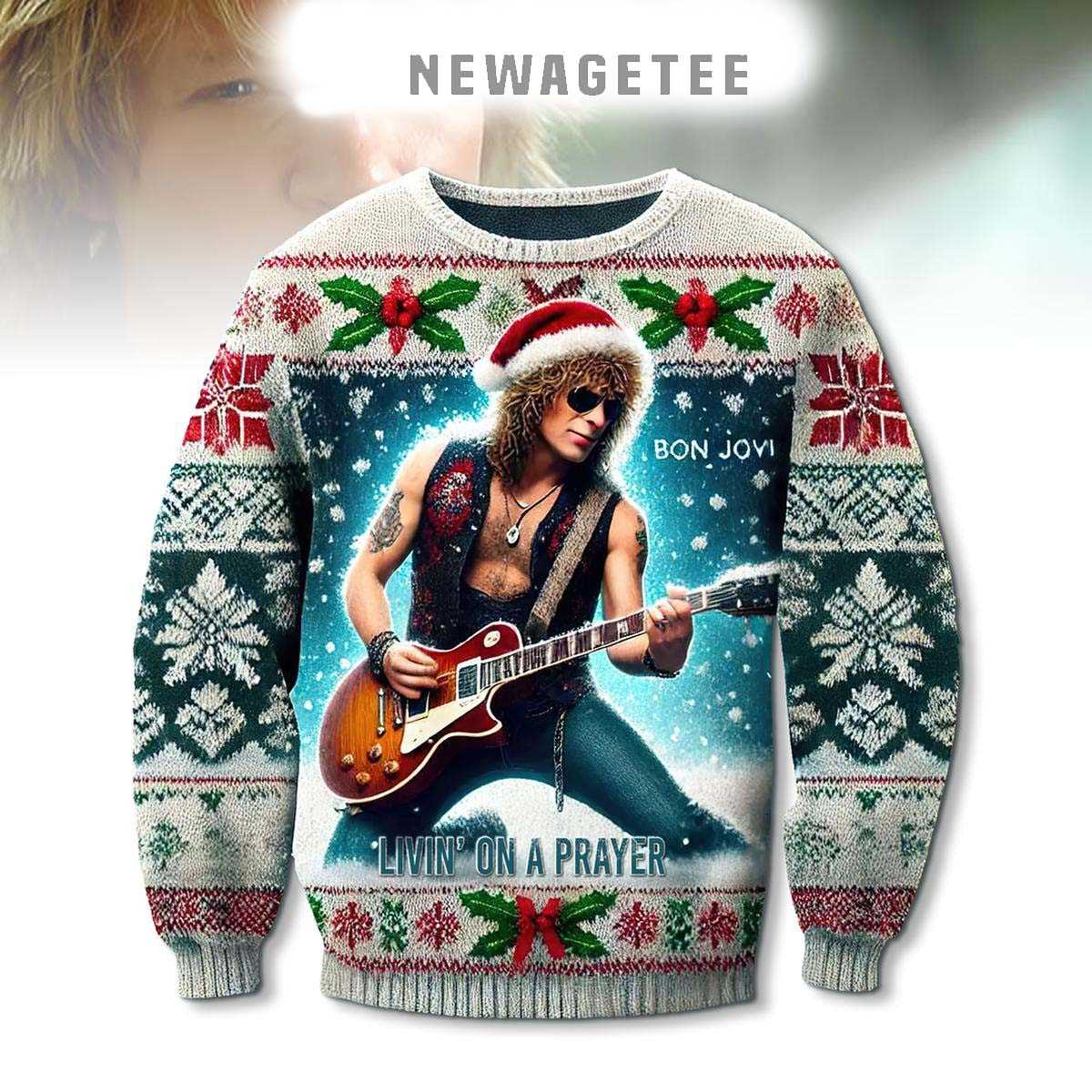 Bon Jovi Livin On A Prayer Gods 2025 Ugly Christmas Sweater