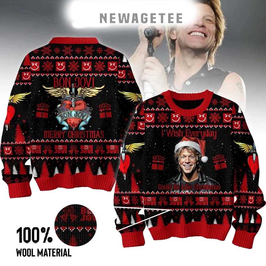 Bon Jovi Merry Christmas I Wish Everyday Is 2025 Ugly Christmas Sweater