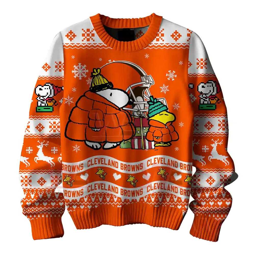 Cleveland Browns Snoopy Woodstock Puffer Jacket Ugly Christmas Sweater