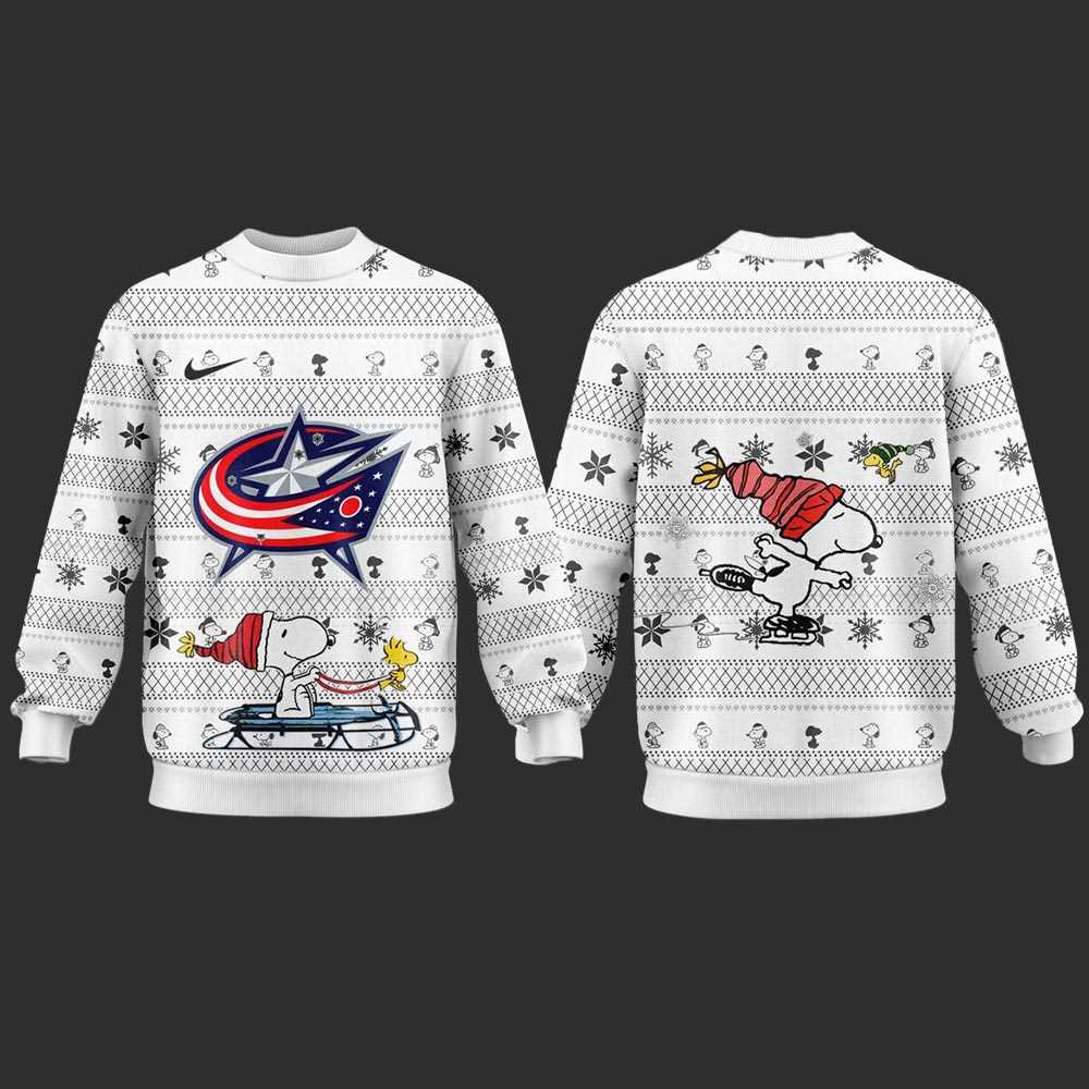 Columbus Blue Jackets Snoopy Peanuts 2025 Ugly Christmas Sweater Columbus Blue Jackets Snoopy Peanuts 2025 Ugly Christmas Sweater