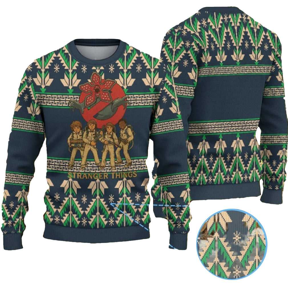 Dark Navy Geometric Pine Tree Fair Isle Stranger Things Ghostbusters Ugly Christmas Sweater