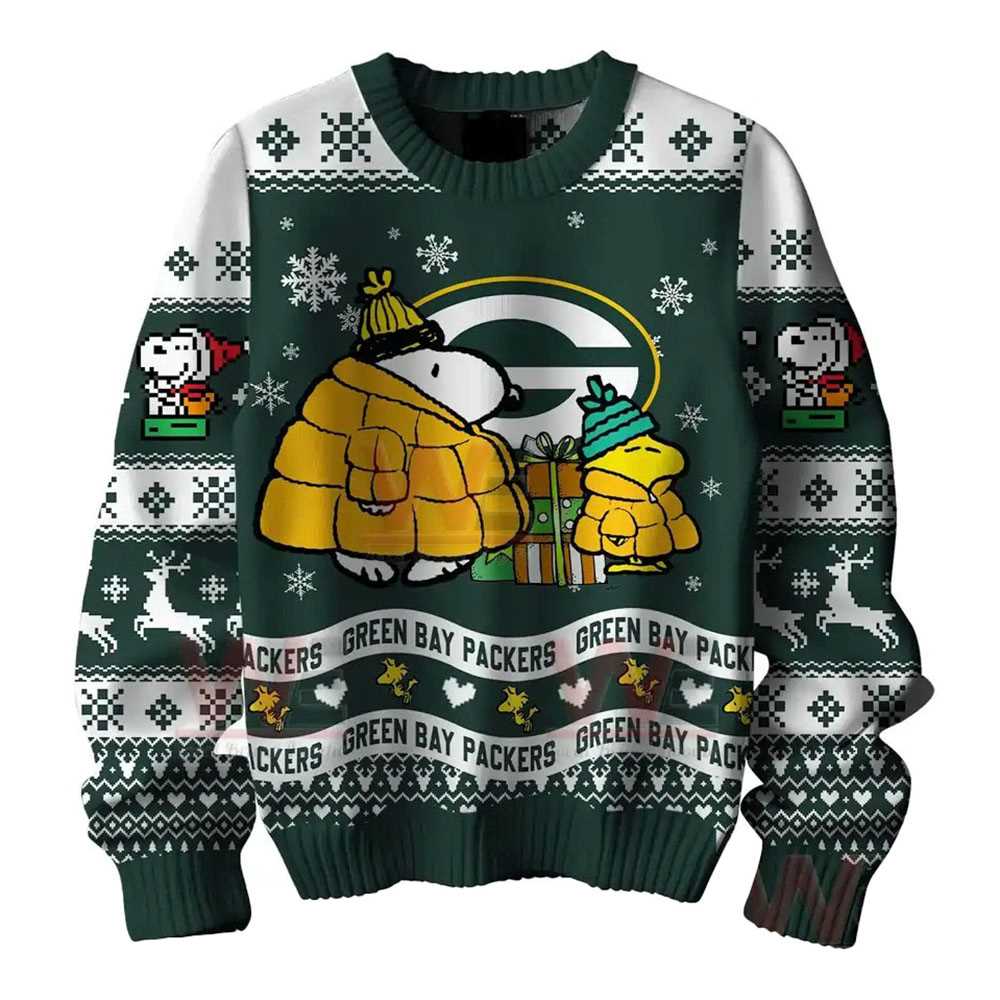 Green Bay Packers Snoopy Woodstock Puffer Jacket Ugly Christmas Sweater Green Bay Packers Snoopy Woodstock Puffer Jacket Ugly Christmas Sweater