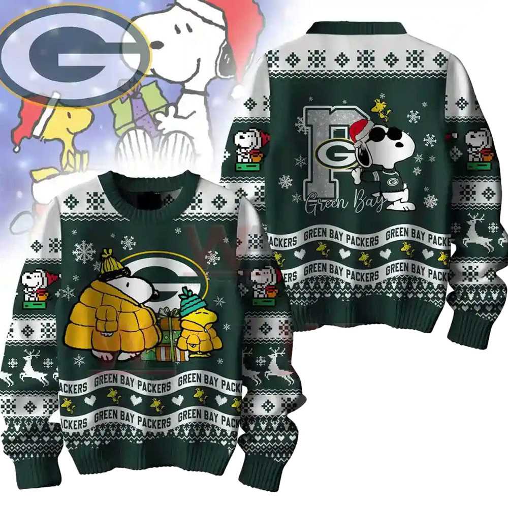 Green Bay Packers Snoopy Woodstock Puffer Jacket Ugly Christmas Sweater Green Bay Packers Snoopy Woodstock Puffer Jacket Ugly Christmas Sweater