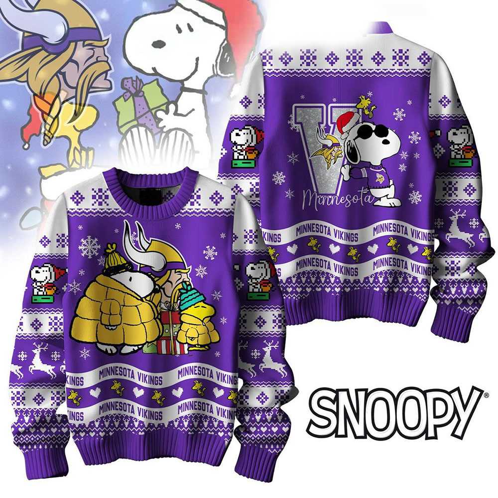 Minnesota Vikings Snoopy Woodstock Puffer Jacket Ugly Christmas Sweater