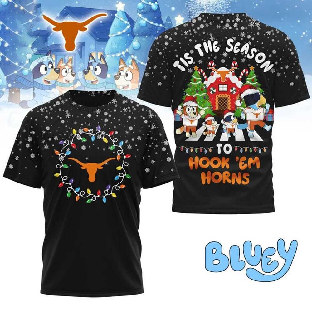 Texas Longhorns Bluey Tis The Season To Hook Em Horns Christmas 2025 Shirt Texas Longhorns Bluey Tis The Season To Hook Em Horns Christmas 2025 Shirt