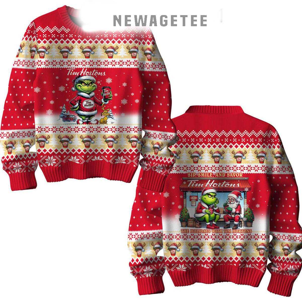 Tim Hortons Sip Smile And Savor With The Grinch 2025 Ugly Christmas Sweater Tim Hortons Sip Smile And Savor With The Grinch 2025 Ugly Christmas Sweater
