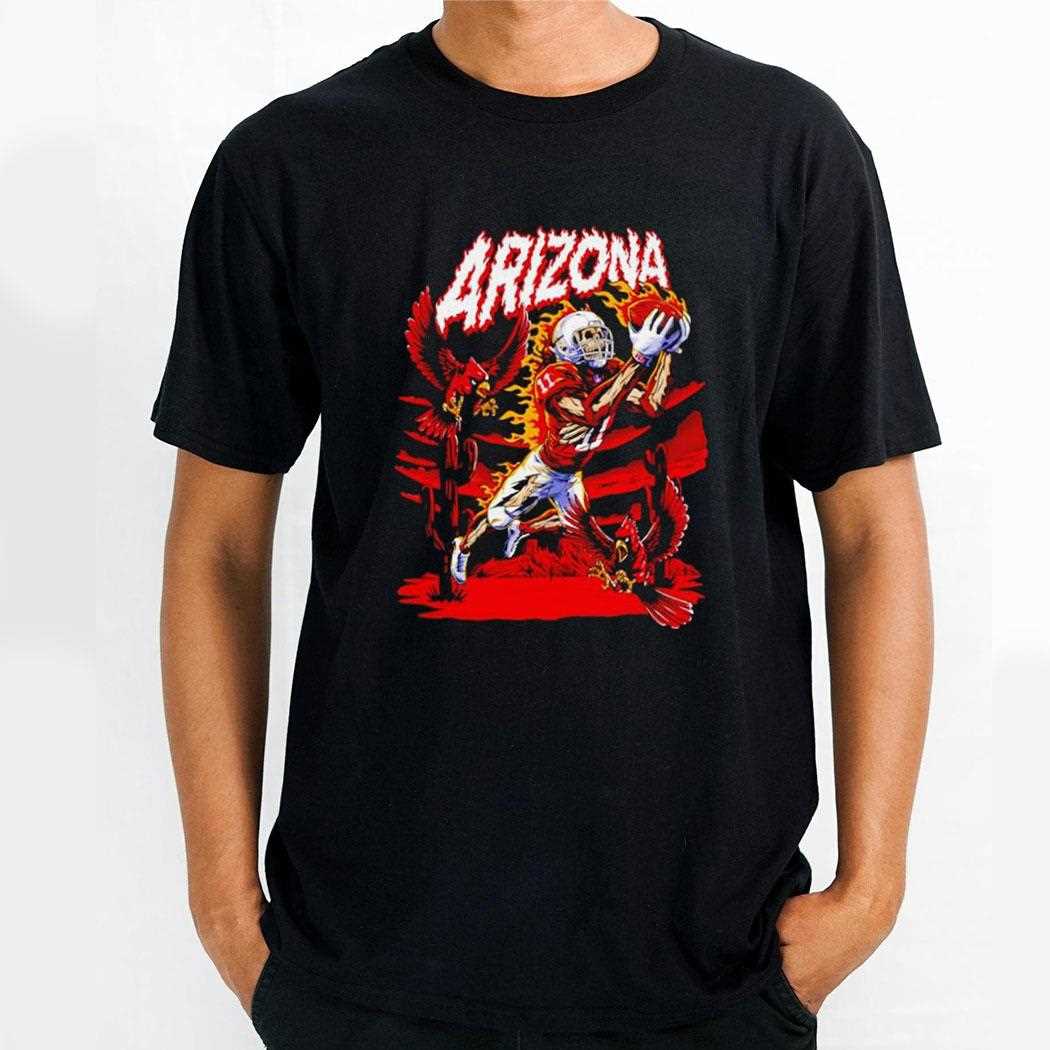Arizona Red Cardinals Skeleton Player 11 Catching Ball With Fire Birds Desert Scene Tee