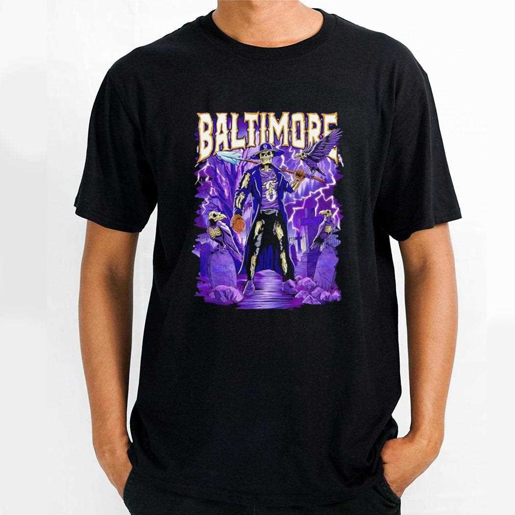 Baltimore Purple Skeleton Grave Digger Shovel Player With Ravens Halloween Football Tee
