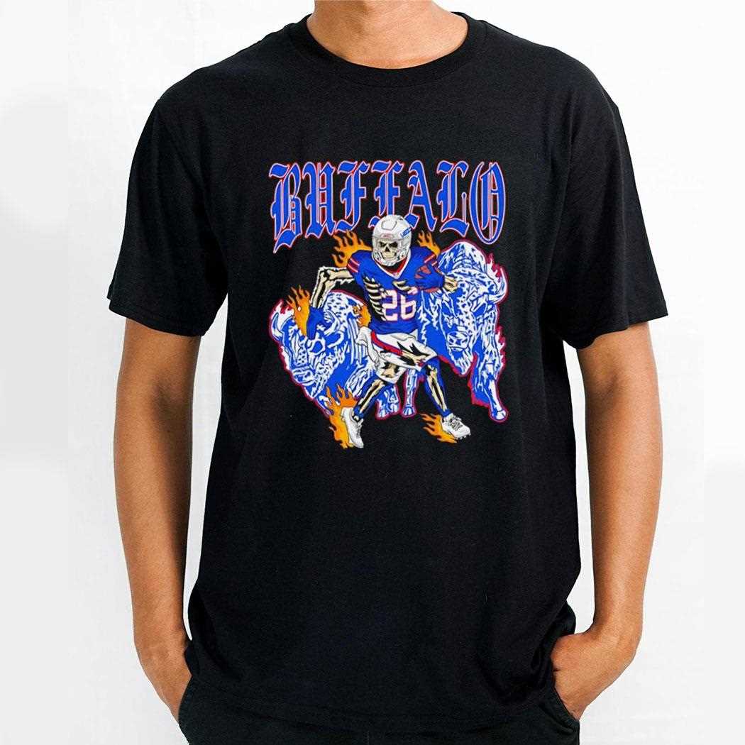 Buffalo Gothic Text Skeleton Football Player 26 Running Between Blue Bison On Fire Tee