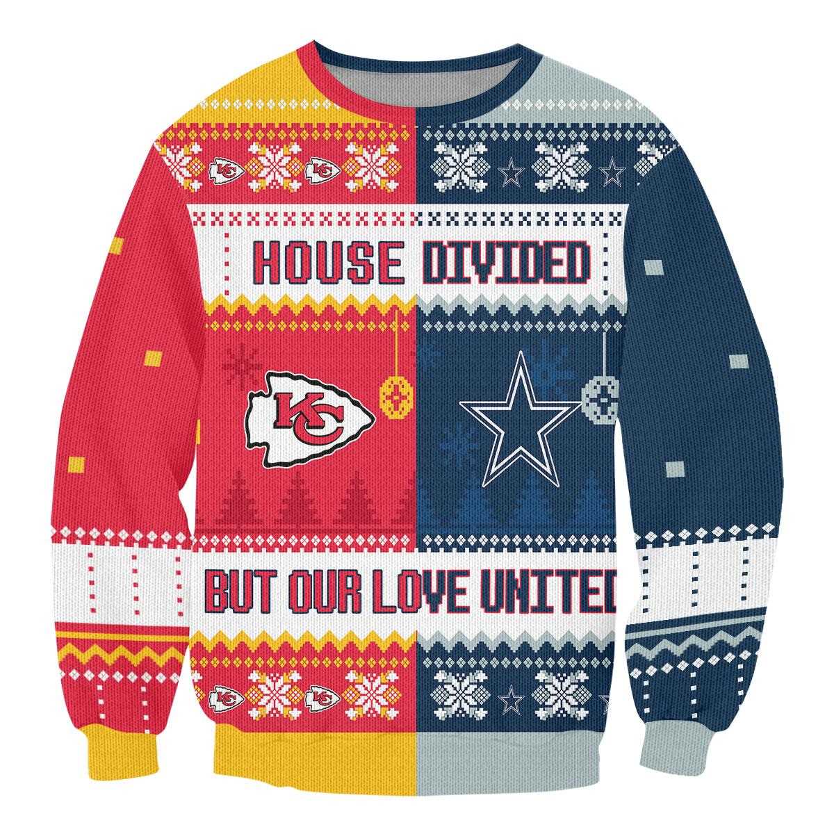 Dallas Cowboys Kansas City Chiefs Nfl House Divided But Our Love United Ugly Christmas Sweater