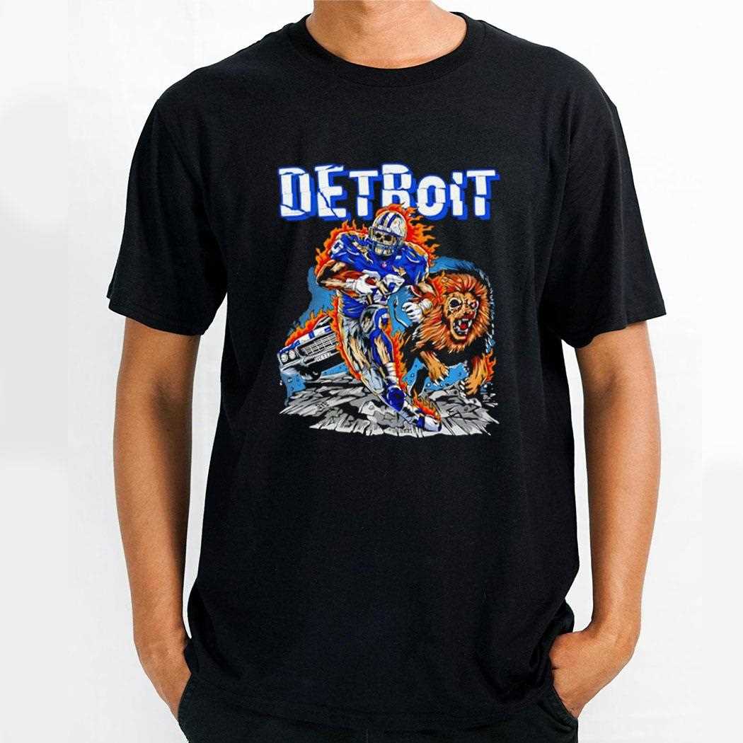 Detroit Lions Skeleton Player 4 Running On Fire With Growling Lion Muscle Car Tee