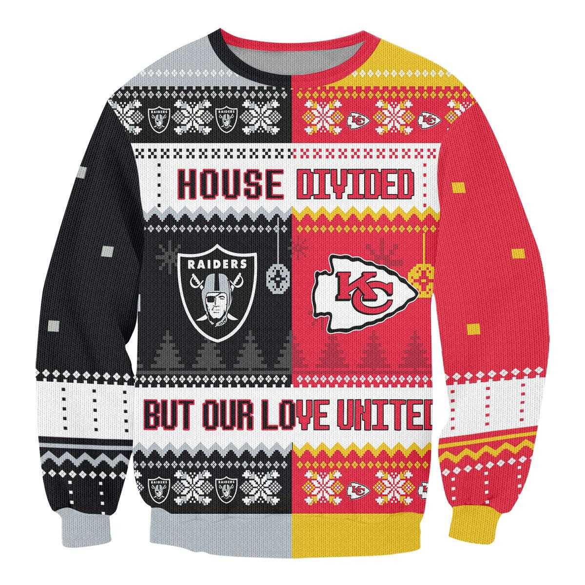 Dallas Cowboys Las Vegas Raiders Nfl House Divided But Our Love United Ugly Christmas Sweater