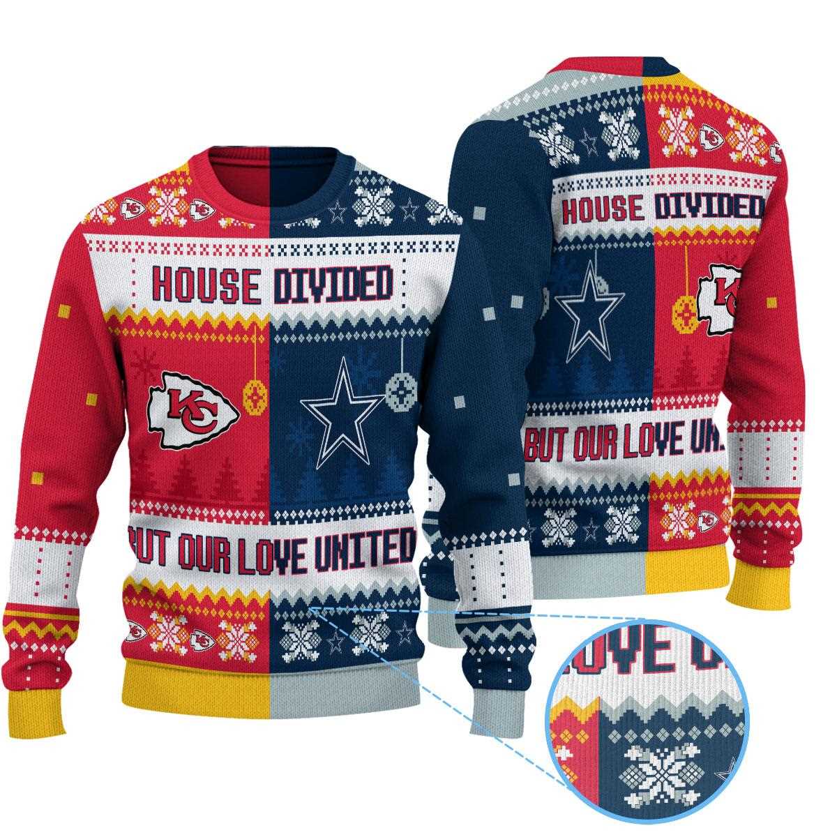 Dallas Cowboys Kansas City Chiefs Nfl House Divided But Our Love United Ugly Christmas Sweater Dallas Cowboys Kansas City Chiefs Nfl House Divided But Our Love United Ugly Christmas Sweater