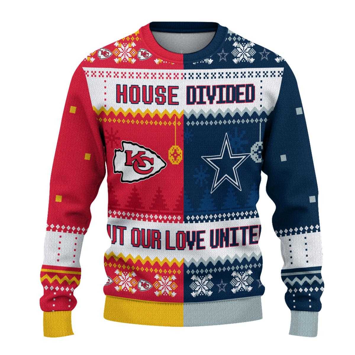 Dallas Cowboys Kansas City Chiefs Nfl House Divided But Our Love United Ugly Christmas Sweater Dallas Cowboys Kansas City Chiefs Nfl House Divided But Our Love United Ugly Christmas Sweater