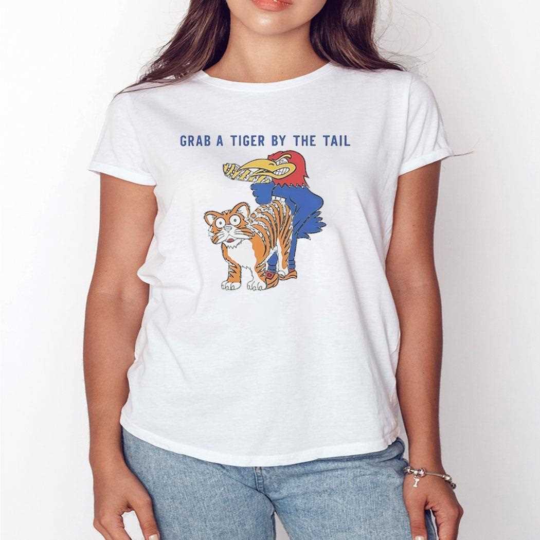 Kansas Jayhawks Vs Missouri Tigers Rivalry Grab A Tiger By The Tail Tee Kansas Jayhawks Vs Missouri Tigers Rivalry Grab A Tiger By The Tail Tee