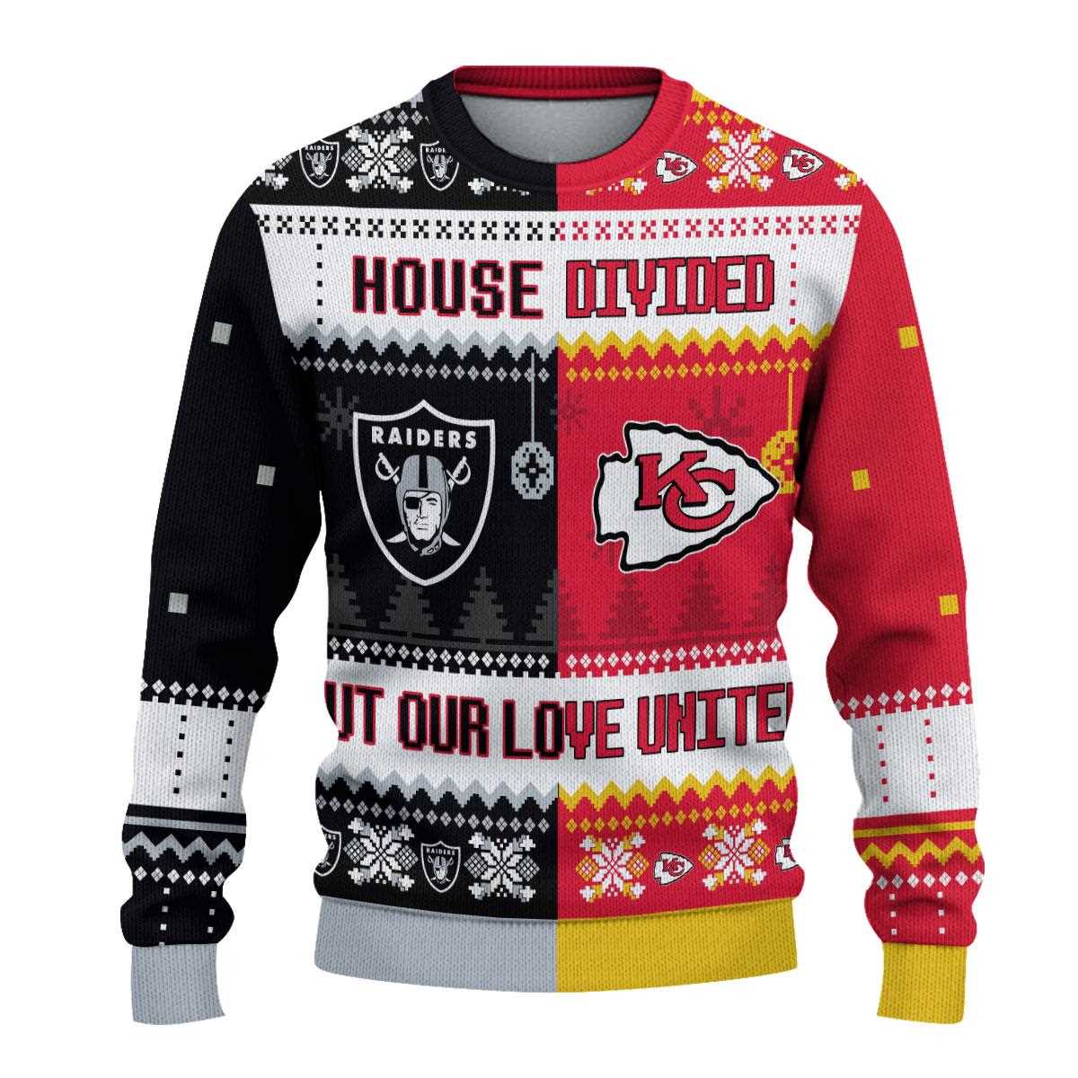 Las Vegas Raiders Kansas City Chiefs House Divided But Our Love United Ugly Christmas Sweater Las Vegas Raiders Kansas City Chiefs House Divided But Our Love United Ugly Christmas Sweater