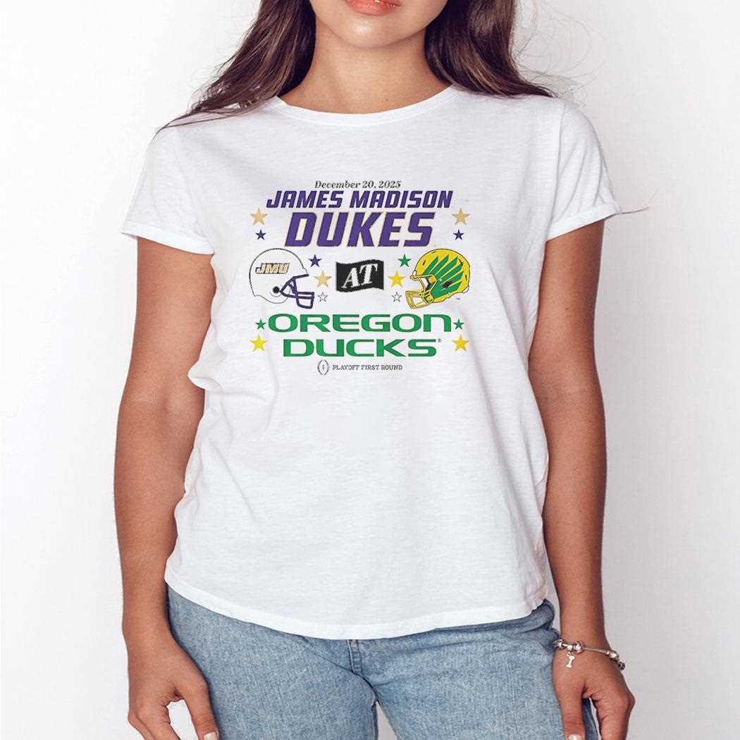 Oregon Ducks And Jmu Dukes 2025 Cfp First Round Matchup Tee Oregon Ducks And Jmu Dukes 2025 Cfp First Round Matchup Tee