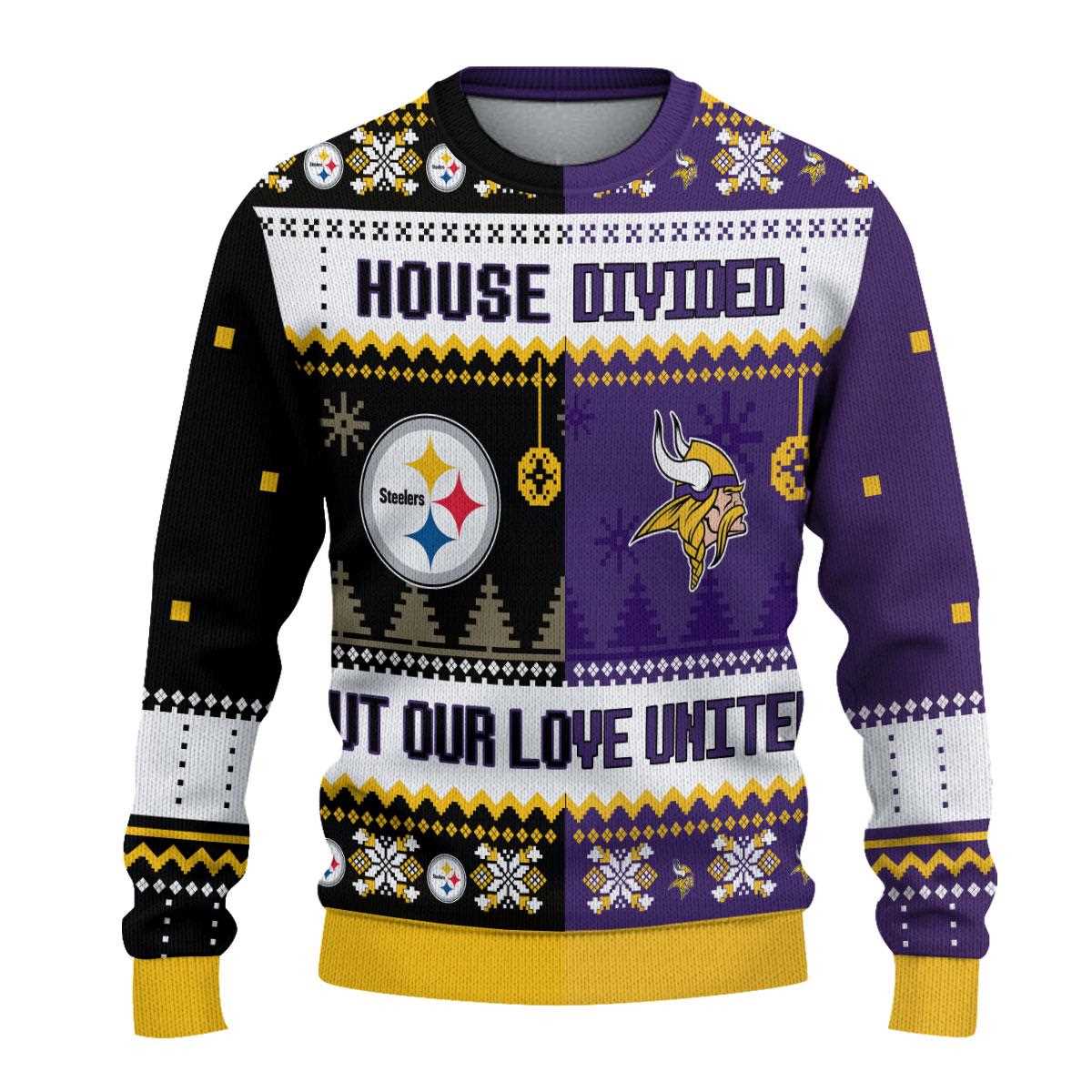 Pittsburgh Steelers Minnesota Vikings Nfl House Divided But Our Love United Ugly Christmas Sweater Pittsburgh Steelers Minnesota Vikings Nfl House Divided But Our Love United Ugly Christmas Sweater