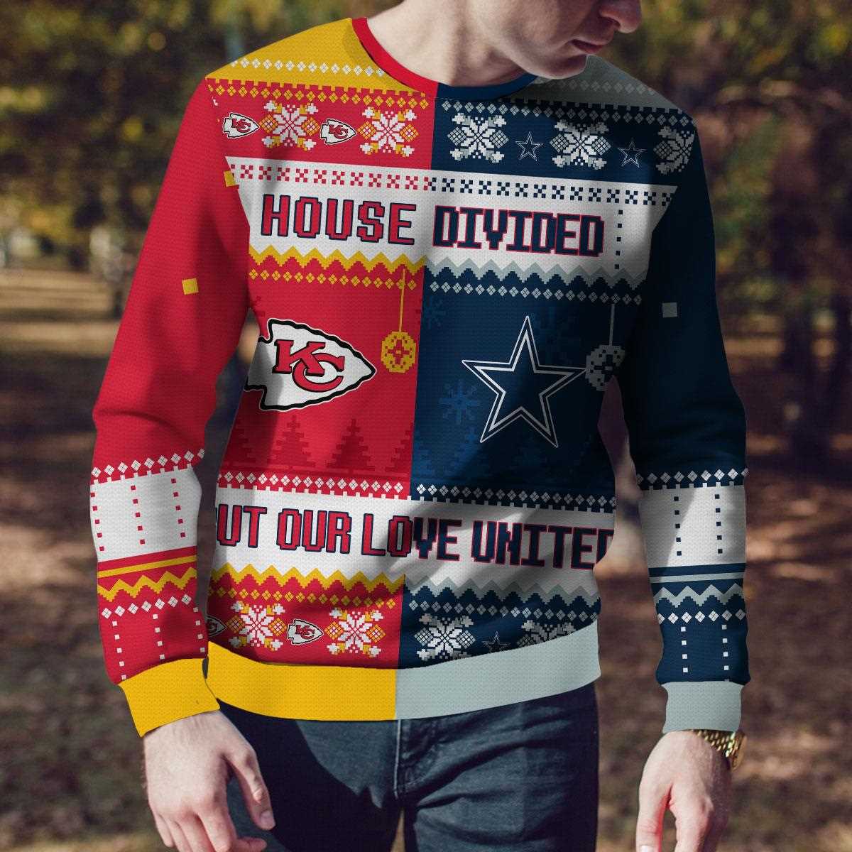 Dallas Cowboys Kansas City Chiefs Nfl House Divided But Our Love United Ugly Christmas Sweater Dallas Cowboys Kansas City Chiefs Nfl House Divided But Our Love United Ugly Christmas Sweater
