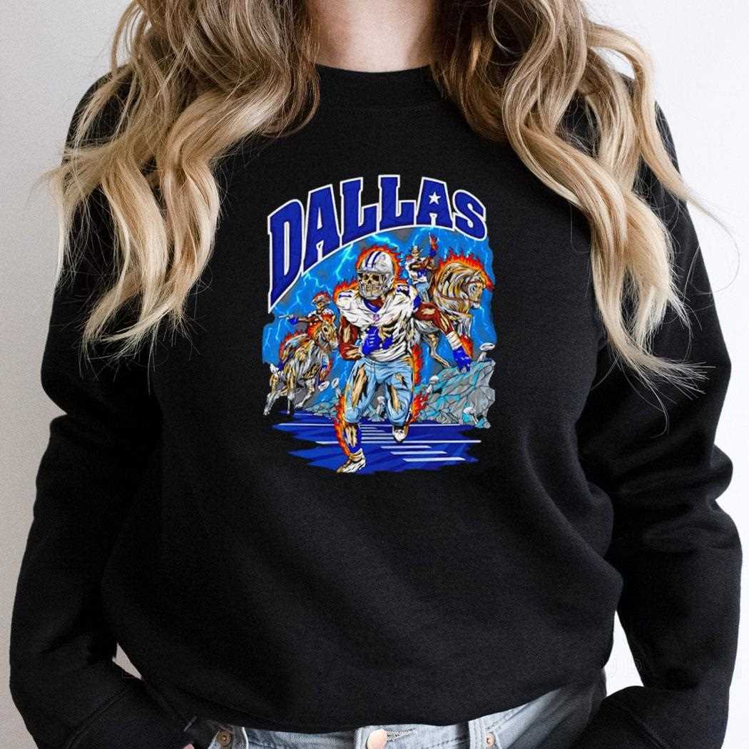 Dallas Cowboys Skeleton Player 1 Running With Cowboys On Fire Horses Under Lightning Tee Dallas Cowboys Skeleton Player 1 Running With Cowboys On Fire Horses Under Lightning Tee